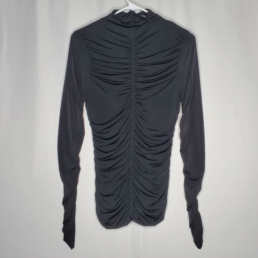Boston Proper Top Womens XS Black Mesh Ruched Mock Zip Vtg Y2K Witchy Whimsigoth